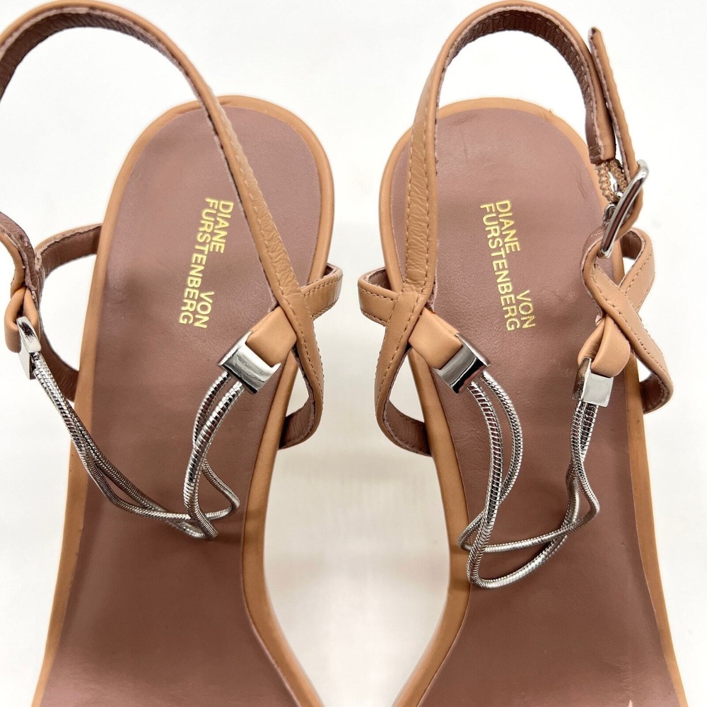 Diane Von Furstenberg Sandals Women 8 Tan Stiletto Ankle Strap Chain Detail - Picture 7 of 12